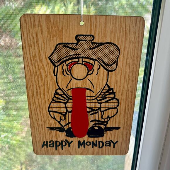 Vintage “Happy Monday” Sick Cartoon Wall Plaque – Woodgrain Style Humor Sign - Picture 3 of 6